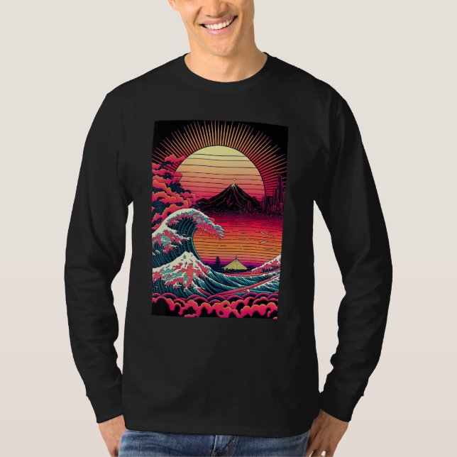 Camiseta Japanese Art Ukiyo-e Style Retrowave Great Wave Of (Frente)