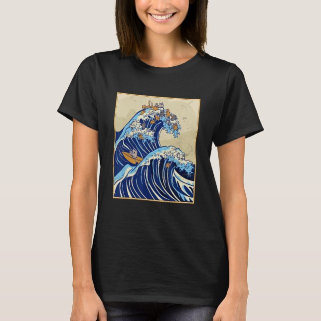 Camiseta Japanese Big Wave of Cats Surfing Kanagawa Wave Vi (Frente)