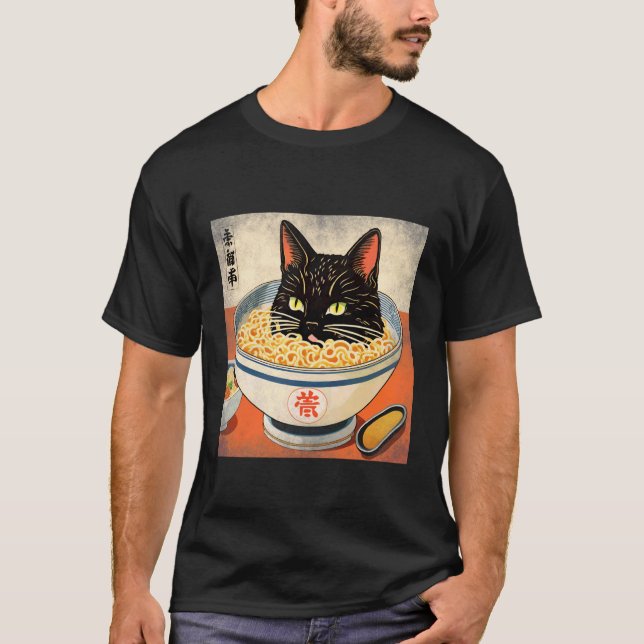 Camiseta Japanese Black Cat Head in A Bowl of Ramen for Cat (Frente)
