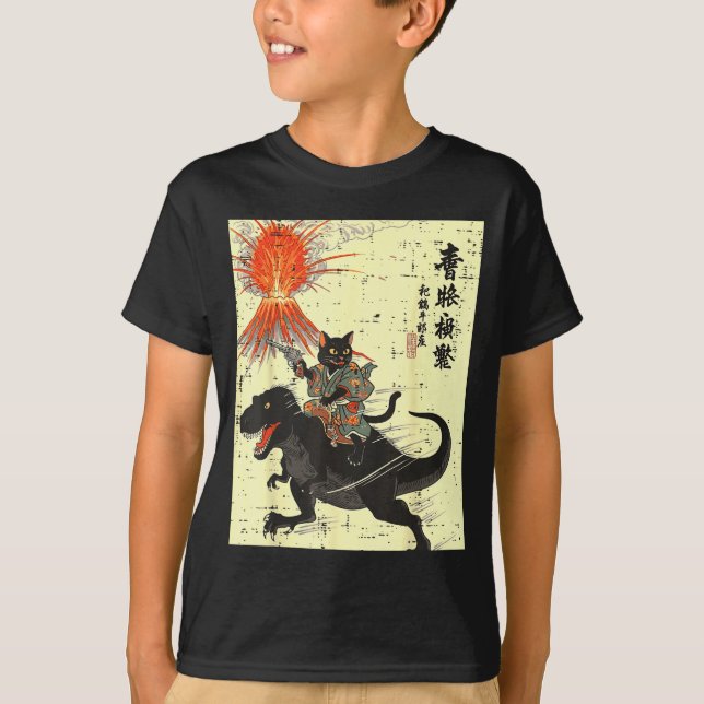 Camiseta Japanese Black Cat On Trex Funny Ukiyo-e Boys Kids (Frente)