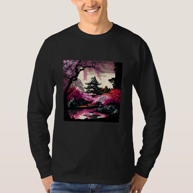 Camiseta Japanese Castle in a forest of cherry blossoms pai (Frente)