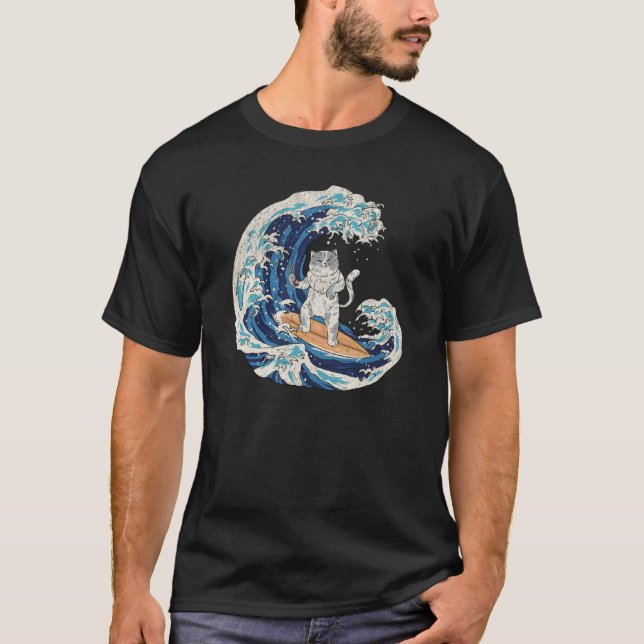 Camiseta Japanese Cat Surfing a Wave Beach Ocean Sea Cool R (Frente)