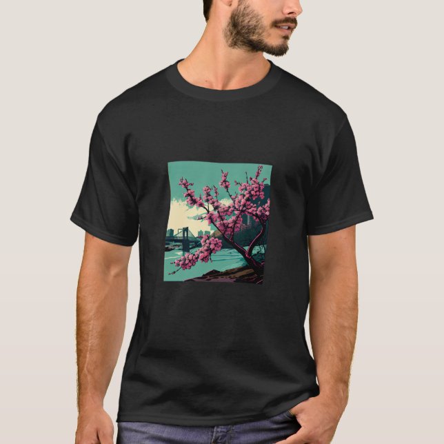 Camiseta Japanese Cherry Blossom tree river suspension brid (Frente)