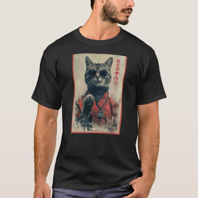 Camiseta Japanese Cool Cat in Sunglasses with Chinese Kanji (Frente)