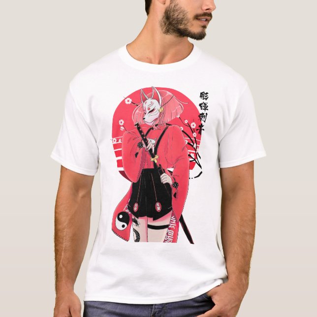 Camiseta Japanese Fox Mask Girl Urban Vaporwave Style  (Frente)