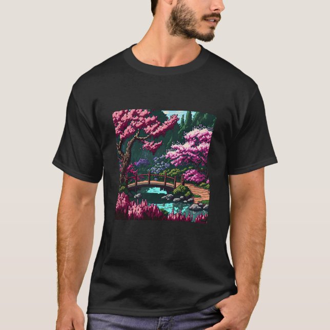 Camiseta Japanese Garden with Bridge Cherry Blossom 16bit V (Frente)
