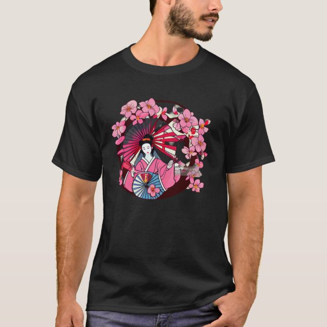 Camiseta Japanese Geisha fans and umbrellas cherry blossom  (Frente)