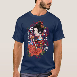 Camiseta Japanese Geisha Samurai Sword Kanji Writing Kimono