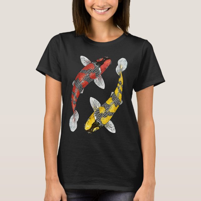 Camiseta Japanese Koi Carp  Yin Yang Black Red and Yellow F (Frente)
