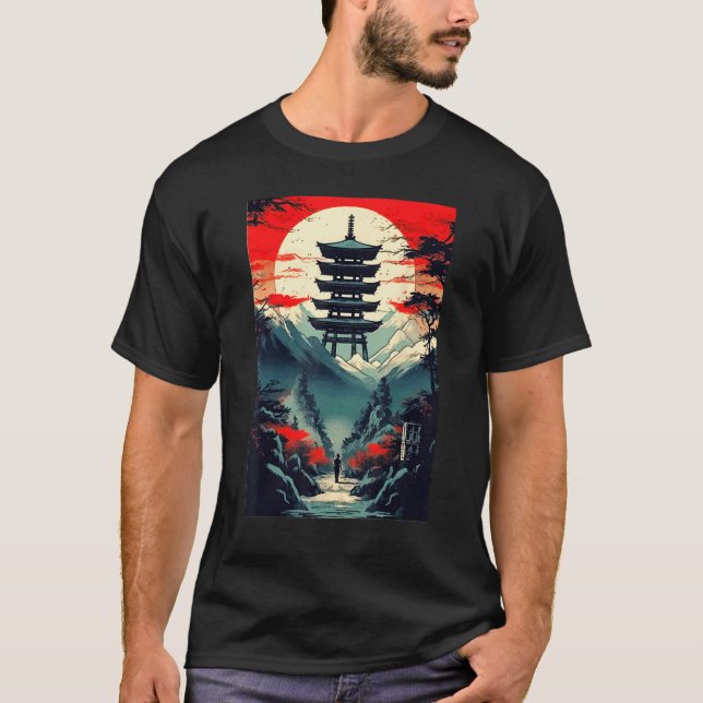 Camiseta Japanese Landscape Mountains Valley Tower Sunset (Frente)