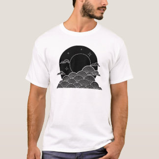 Camiseta Japanese Moon Wave Minimalist Black White T-Shirt