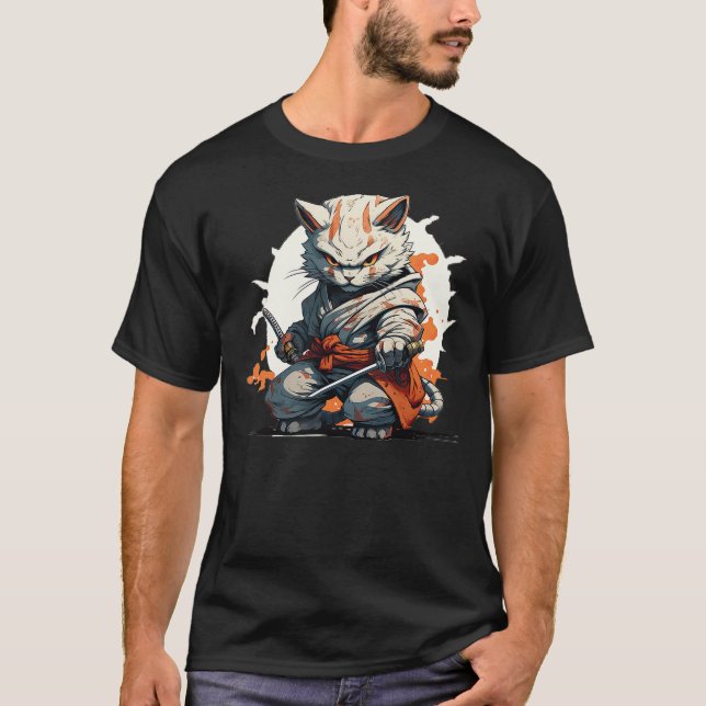 Camiseta Japanese Ninja Cat Warrior Battle Pose Kawaii (Frente)
