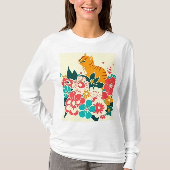 Camiseta Japanese old scool cat and flowers (Frente)