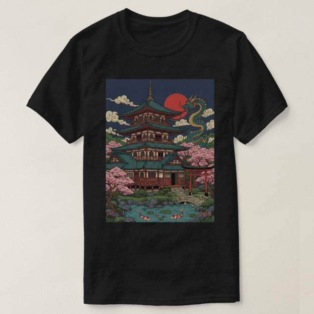Camiseta Japanese Pagoda Dragon Sunset (Frente do Design)