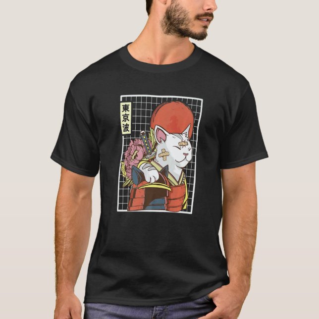 Camiseta Japanese Samurai Cat Japan Aesthetic Sun Flag Japa (Frente)