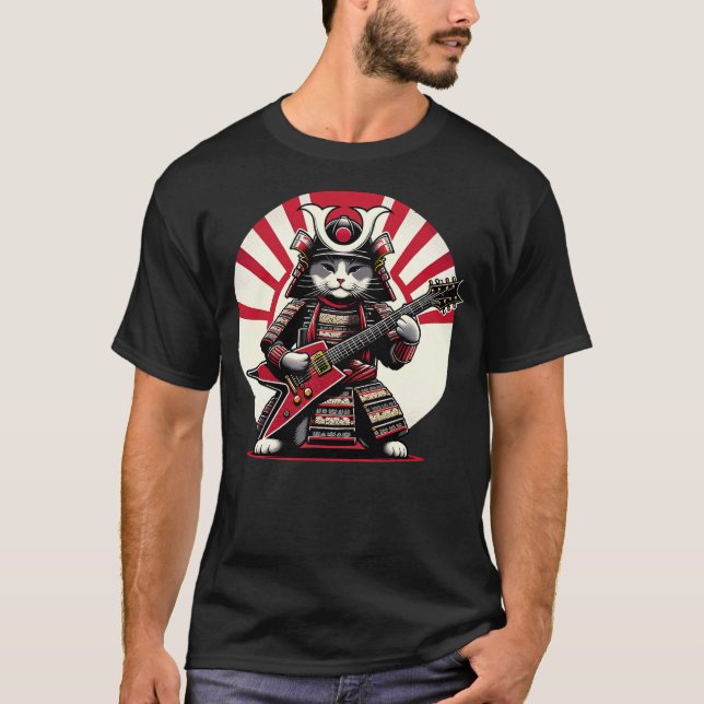 Camiseta Japanese Samurai Cat Playing Electric Guitar Playe (Frente)