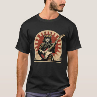 Camiseta Japanese Samurai Cat Playing Electric Guitar Retro