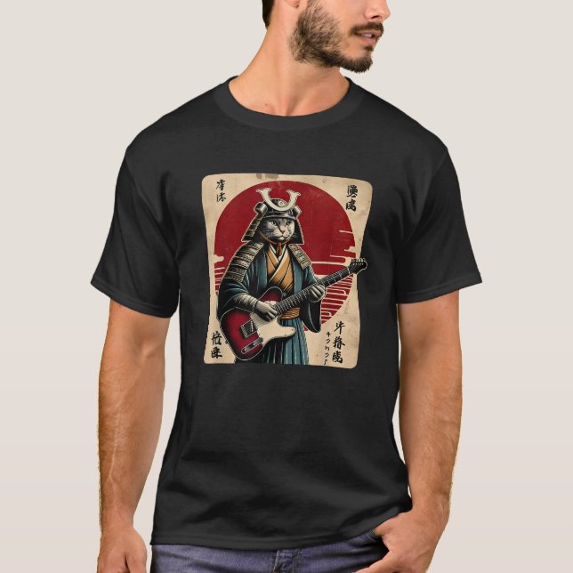 Camiseta Japanese Samurai Cat Playing Electric Guitar Retro (Frente)