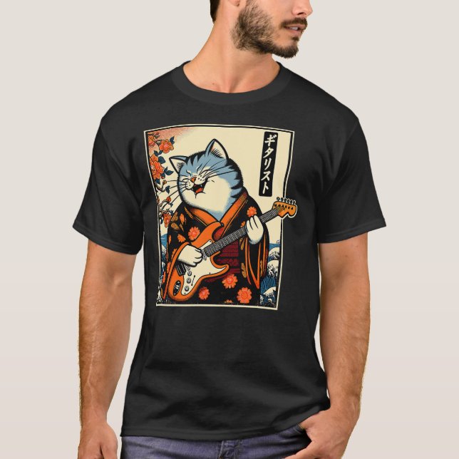 Camiseta Japanese Samurai Cat Playing The Electric Guitar (Frente)