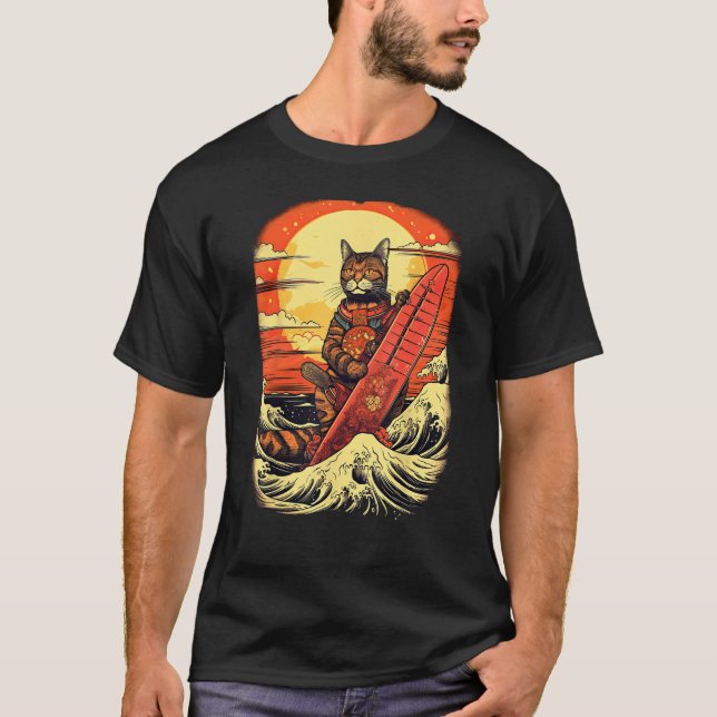 Camiseta Japanese Samurai Cat with wave & mountain Illustra (Frente)