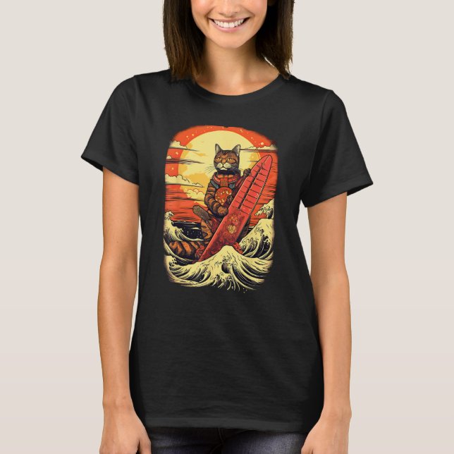 Camiseta Japanese Samurai Cat with wave & mountain Illustra (Frente)