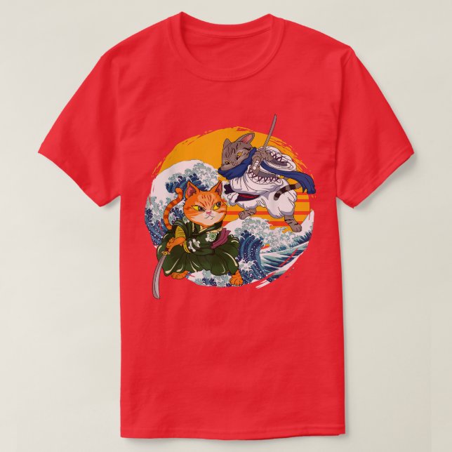 Camiseta Japanese Samurai Ninja Cat Kawaii Cat Warrior Anim (Frente do Design)