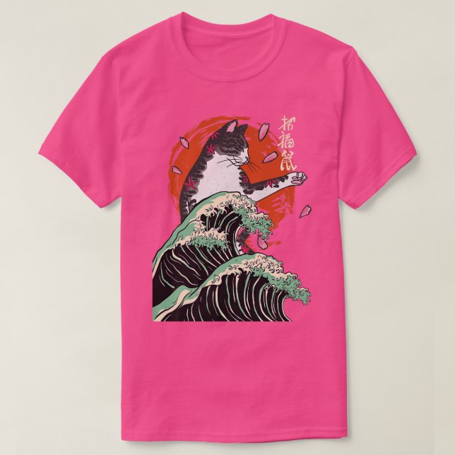 Camiseta Japanese Samurai Ninja Cat The great wave Kanagawa (Frente do Design)