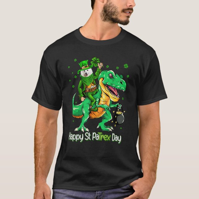 Camiseta Japanese Spitz Riding Dinosaur Patricks Day Shamro (Frente)