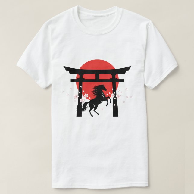 Camiseta Japanese Sunrise Torii & Horse Silhouette Art (Frente do Design)