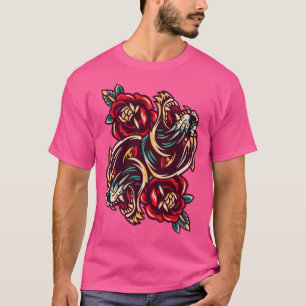 Camiseta Japonês Duel Tigers Flores Tatuagem Estilo de Arte