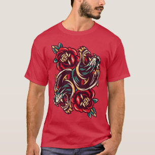 Camiseta Japonês Duel Tigers Flores Tatuagem Estilo de Arte