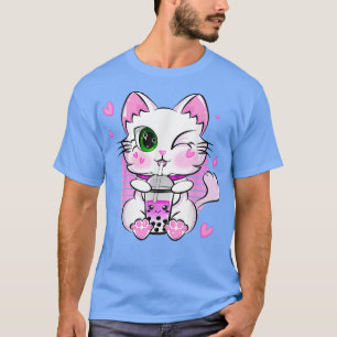 Camiseta Japonês Kawaii Neko Anime Bebendo de Gato Boba Tea