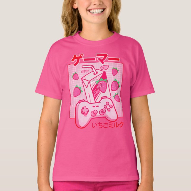 Camiseta Japonês Kawaii Strawberry Milk Mostra Leite Engraç (Frente)
