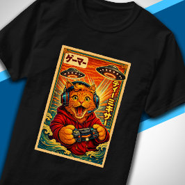 Camiseta Japonês Retro Vintage Gato OVNI Gráfico Divertido