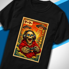 Camiseta Japonês Retro Vintage OVNI Esqueleto Divertido Gam