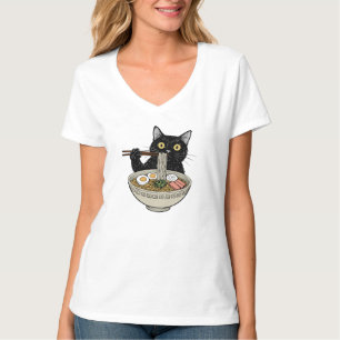Camiseta Japonesa Gato Preto Fofo Comendo Ramen