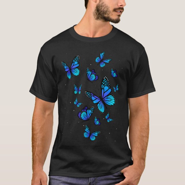 Camiseta Jardim de Arte da Borboleta Azul Lindas Borboletas (Frente)