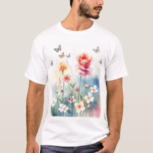 Camiseta Jardim de Bloqueio de Aquarela com Borboletas