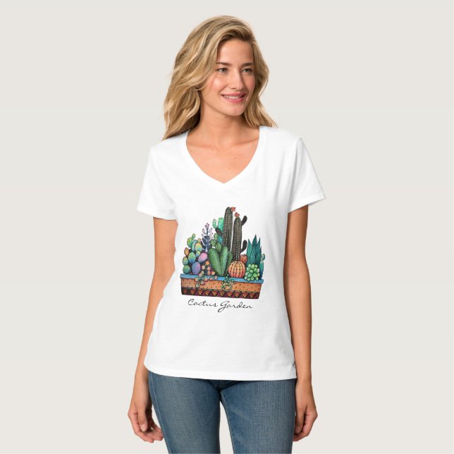 Camiseta Jardim De Cactus Caquetado Em Pote (Frente Completa)