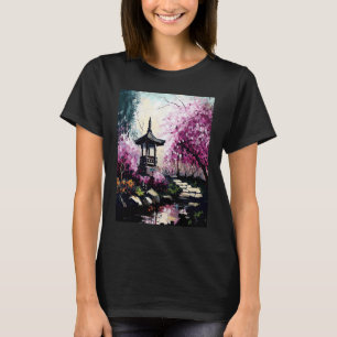 Camiseta Jardim de Cerejeira com pintura francesa da lagoa 