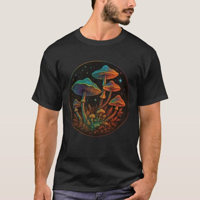 Camiseta Jardim de cogumelos - Fantasia do Fungo Cósmico (Frente)