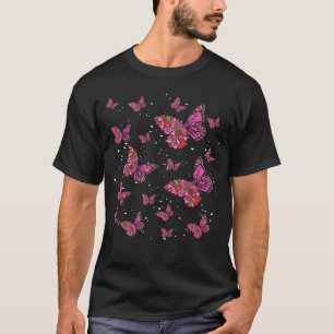 Camiseta Jardim de Flores Borboleta Rosa e Vermelha