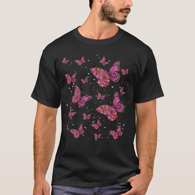 Camiseta Jardim de Flores Borboleta Rosa e Vermelha (Frente)