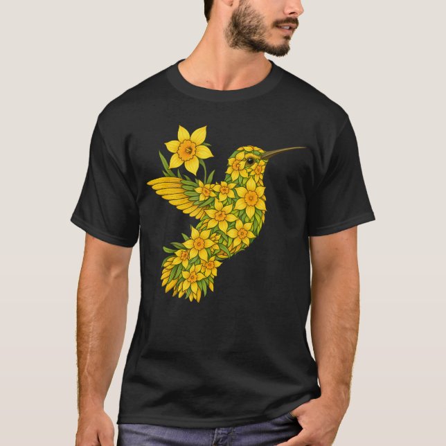 Camiseta Jardim de Flores de Beija-flor Narciso (Frente)