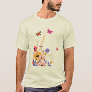 Camiseta Jardim de Flores Silvestres & Borboletas Folk Art 