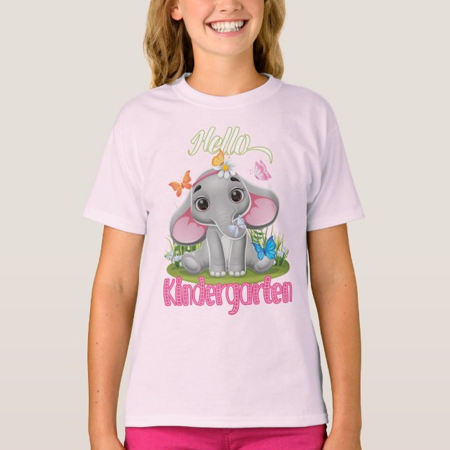 Camiseta Jardim de Infância Elefante de Borboleta de volta  (Frente)