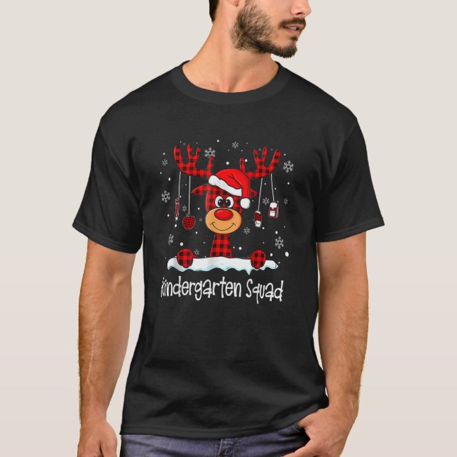 Camiseta Jardim de Infância Xadrez Reindeer Santa Hat Teach (Frente)