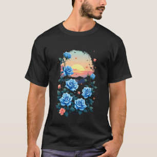Camiseta Jardim de Rosas Azuis - Serenidade do Pôr do Sol V