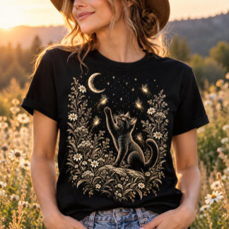 Camiseta Jardim de Vaga-Lumes ao Luar com Gato Preto