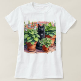 Camiseta Jardim Hosta e Aquarela de Gato Preto